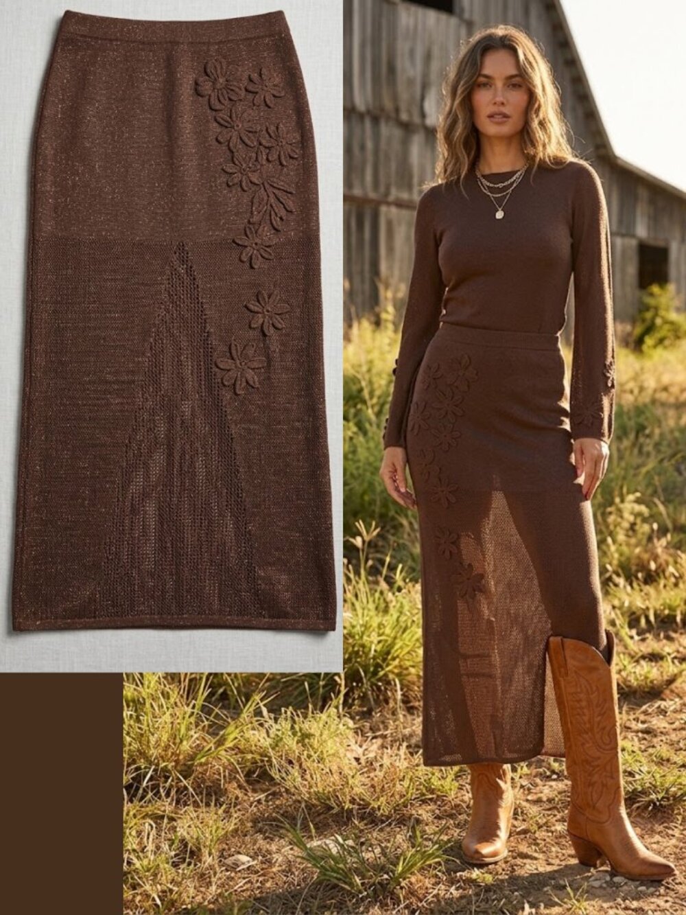 The Wolf Gang Floral Embroidered Knit Maxi Skirt Chocolate Brown